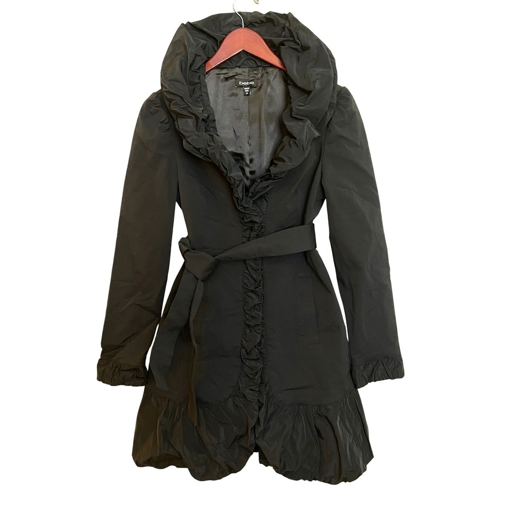 Bebe Black Ruffle Portrait Collar Belted Bubble Hem Trench Coat Size M Feminine
